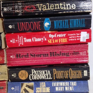 May include: A stack of paperback books with various titles and authors. The books have different colored spines, including red, black, and blue. Titles include "The 11th Plague," "Valentine," and "Undone."