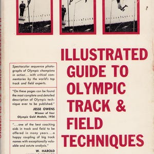 May include: Vintage book cover titled "Illustrated Guide to Olympic Track & Field Techniques." The cover features three black and white images of a pole vaulter in action, set against a red border. Text includes Jesse Owens' name.