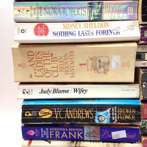 May include: A stack of paperback books with titles including "Barbara Delinsky", "Nora Roberts", "Sidney Sheldon", "And Ladies of the Club", "Judy Blume", "VC Andrews", "Dorothea Benton Frank", and "Anne Rice". The books are in various colors.