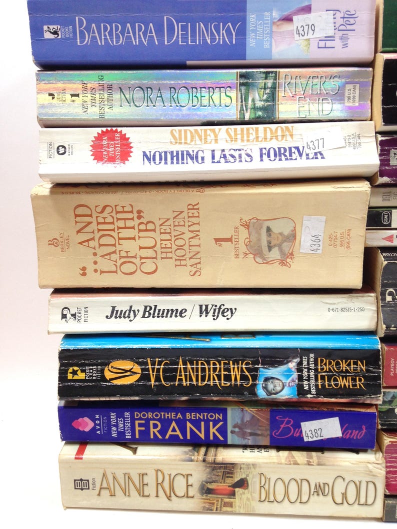 May include: A stack of paperback books with titles including "Barbara Delinsky", "Nora Roberts", "Sidney Sheldon", "And Ladies of the Club", "Judy Blume", "VC Andrews", "Dorothea Benton Frank", and "Anne Rice". The books are in various colors.