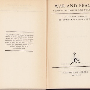 May include: Open book pages with the title "WAR AND PEACE" by Leo Tolstoy. The text is translated by Constance Garnett. The Modern Library logo is at the bottom. The pages are cream-colored.