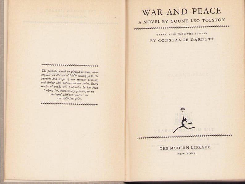 May include: Open book pages with the title "WAR AND PEACE" by Leo Tolstoy. The text is translated by Constance Garnett. The Modern Library logo is at the bottom. The pages are cream-colored.