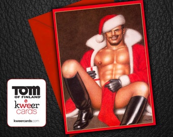 May include: A Christmas card featuring a man dressed as Santa Claus. He is wearing a red suit, a white hat, and black boots. He is holding a gift in his hand and smiling.