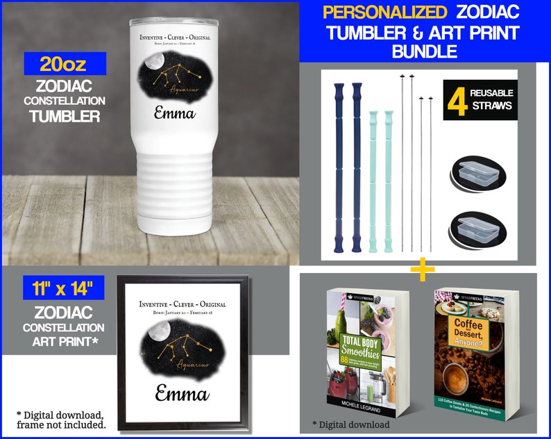 Aquarius Tumbler Custom Star Sign Birthday Constellation Print Wall Art Bundle 20 oz Personalized Tumbler Zodiac Aquarius Gift Straws