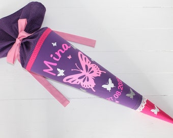 Schultüte aus Stoff mit glitzer Schmetterling lila pink