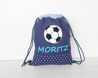 Turnbeutel Kinder personalisiert Fußball blau türkis