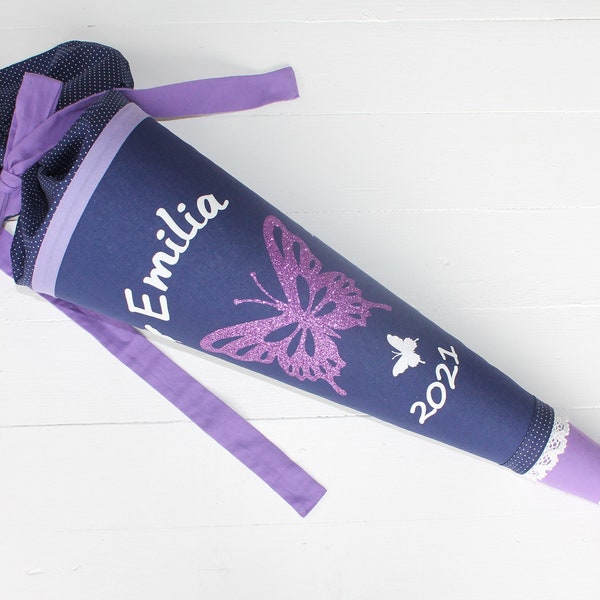 Schultüte aus Stoff mit glitzer Schmetterling blau lila