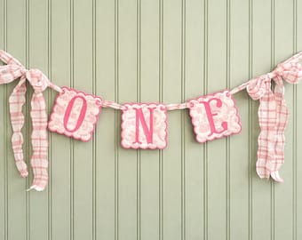 Pink First Birthday High Chair Banner | Embroidered Cake Smash Decor