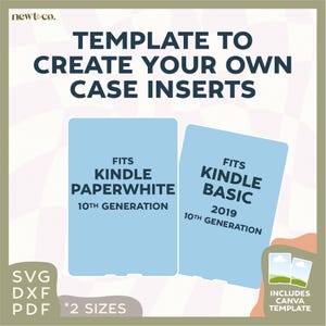 Op de afbeelding: Een digitale sjabloon voor het maken van aangepaste hoes-inzetstukken voor de 10e generatie Kindle Paperwhite en Kindle Basic 2019. De sjabloon is beschikbaar in SVG, DXF en PDF-formaten en bevat twee maten. De afbeelding toont een blauwe achtergrond met witte tekst.