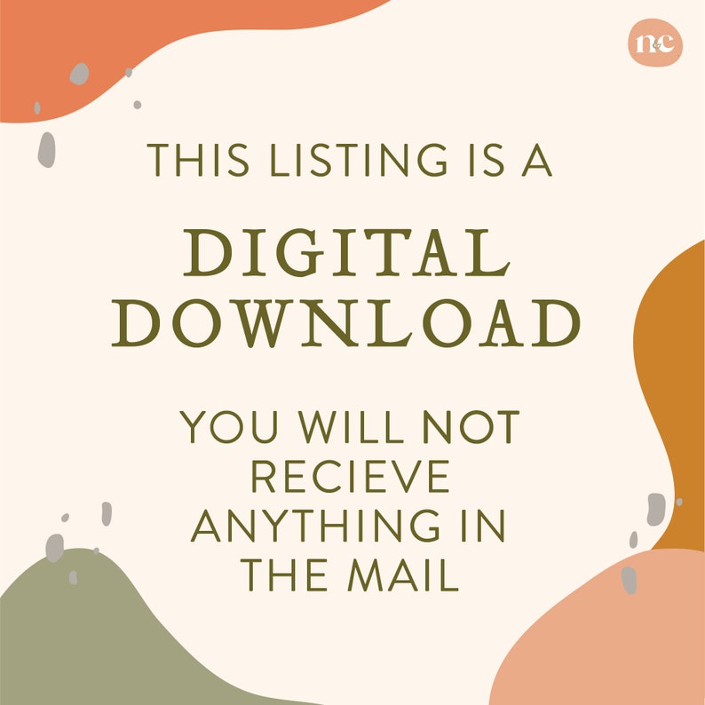 Puede incluir: Gr&aacute;fico color crema con texto que dice: "ESTE LISTADO ES UNA DESCARGA DIGITAL. NO RECIBIR&Aacute;S NADA POR CORREO." El dise&ntilde;o incluye formas abstractas naranjas, verdes y grises.