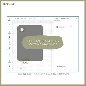 Puede incluir: Una plantilla de dise&ntilde;o digital para un dispositivo Kobo Clara-2E-BW-Colour 6in. La imagen muestra un rect&aacute;ngulo gris con esquinas redondeadas, una superposici&oacute;n de texto verde que dice "FILE CAN BE USED FOR CUTTING MACHINES" y el texto "EXAMPLE ONLY - THIS IS NOT THE SAME DEVICE TEAMPLATE".