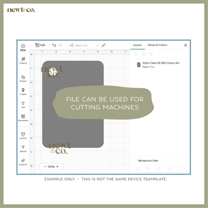 Puede incluir: Una plantilla de dise&ntilde;o digital para un dispositivo Kobo Clara-2E-BW-Colour 6in. La imagen muestra un rect&aacute;ngulo gris con esquinas redondeadas, una superposici&oacute;n de texto verde que dice "FILE CAN BE USED FOR CUTTING MACHINES" y el texto "EXAMPLE ONLY - THIS IS NOT THE SAME DEVICE TEAMPLATE".