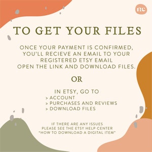 Puede incluir: Gr&aacute;fico de instrucciones de descarga digital con el texto &laquo;TO GET YOUR FILES&raquo;. Las instrucciones incluyen opciones de descarga por correo electr&oacute;nico y cuenta de Etsy. El dise&ntilde;o presenta formas abstractas en naranja, verde y beige.