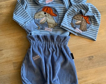 Babyset 4teilig, Paperbag-Pumphose, Shirt, Halstuch, Beanie mit Dino-Applikation in Gr. 74