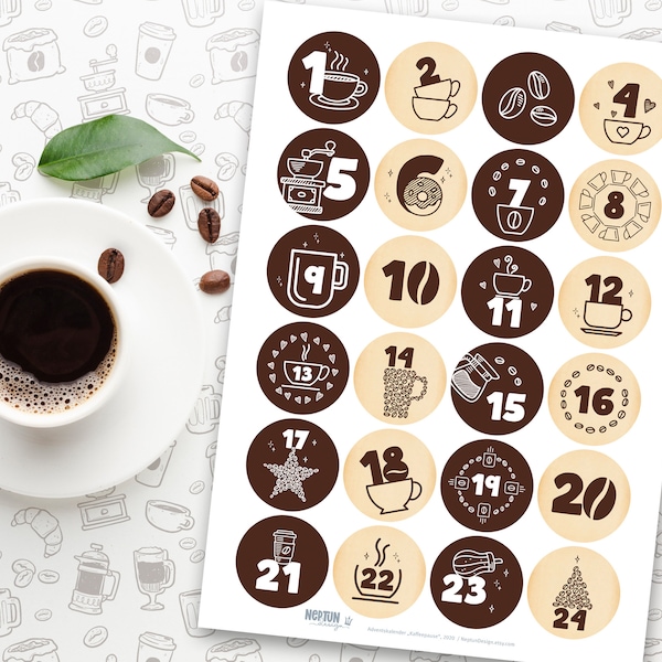 24 Adventskalenderzahlen KAFFEEPAUSE, Aufkleber, 1 Bogen