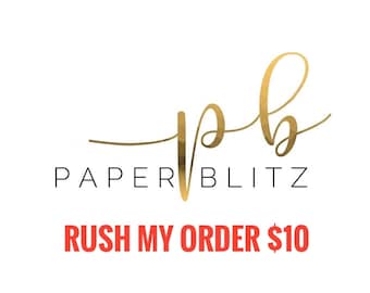 May include: Gold script logo for Paperblitz with the text "RUSH MY ORDER $10" in red.