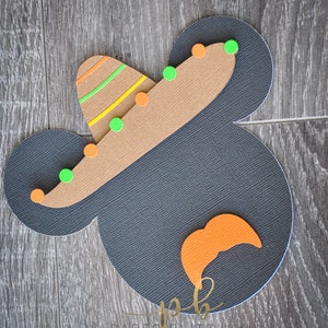 以下が含まれることがあります： 黒と茶色の紙でできたミッキーマウスの頭のクラフトで、緑とオレンジのアクセントがついた茶色のソンブレロをかぶっています。ソンブレロには黄色と緑のストライプがあります。クラフトは木目調の背景の上にあります。画像の下部には金色の文字で「Paper Blitz」と書かれています。