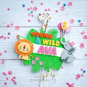 Cute Safari Theme Cake Topper, Young Wild and 3 Cake Topper, Two Wild Jungle Theme Cake Topper, Jungle Safari Wild One Theme Cake Topper