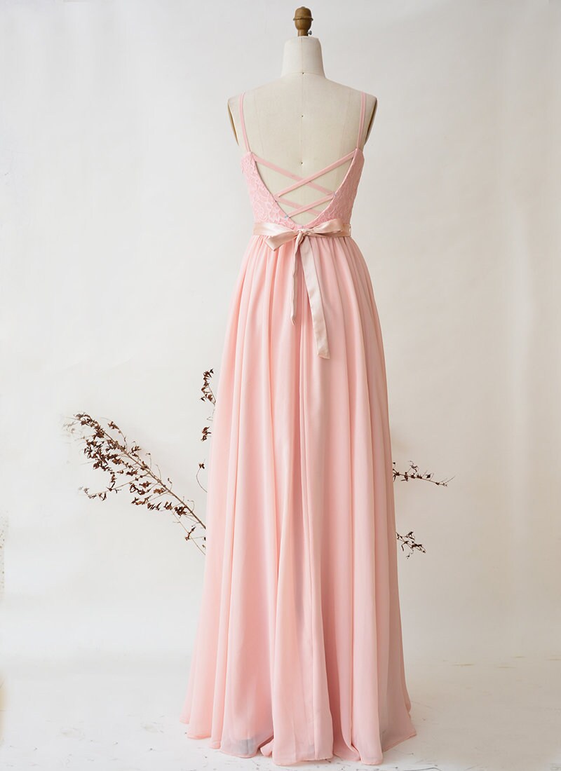 Bridesmaid Dress Blush Chiffon Long Prom Dress Top Lace With Etsy