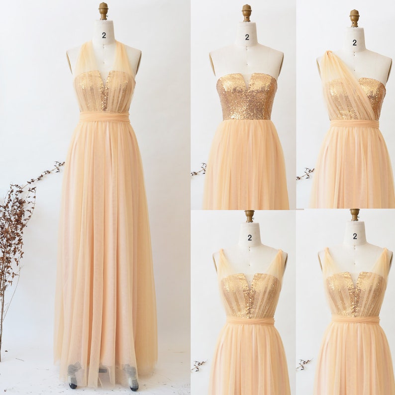 Gold Sequin Bridesmaid Dress Long Convertible Dress Infinity Dress Wedding Party Maxi Dress ETSY Floor Length Tulle Dress