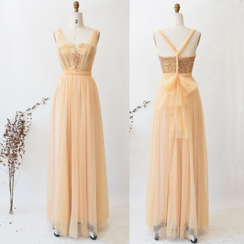 Gold Sequin Bridesmaid Dress Long Convertible Dress Infinity Dress Wedding Party Maxi Dress ETSY Floor Length Tulle Dress