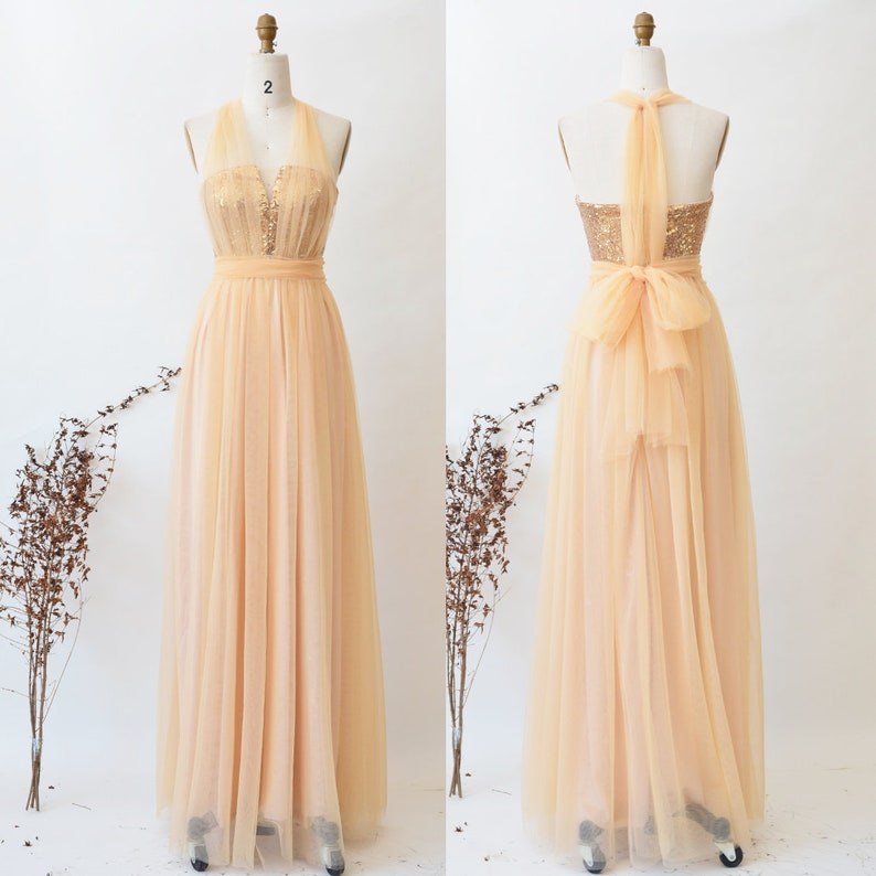 Gold Sequin Bridesmaid Dress Long Convertible Dress Infinity Dress Wedding Party Maxi Dress ETSY Floor Length Tulle Dress