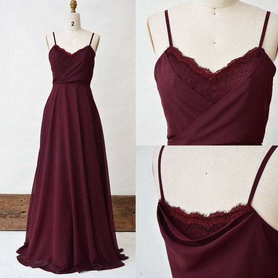 Burgundy Bridesmaid Dress Lace Long Prom Dress Spaghetti | Etsy
