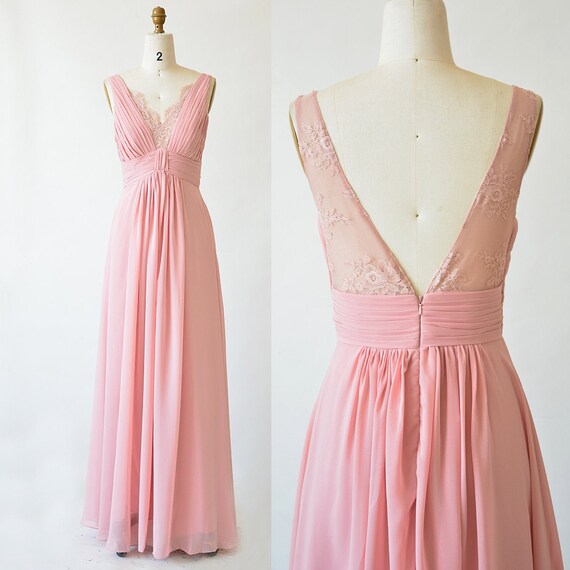 Pink Bridesmaid Dress Long Chiffon Prom Dress Lace Back With Etsy