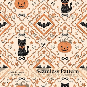 May include: A seamless pattern featuring a repeating diamond-shaped grid on a cream background. The design includes illustrations of black cats with orange bows, orange jack-o'-lanterns, and black bats, accented by small orange flowers and bows.