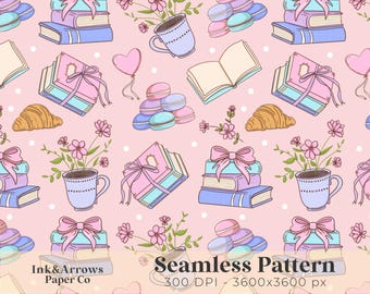 Sweet Bookish Coquette Preppy Tea Seamless Pattern Kindle cover Seamless File Sublimation PNG Digital Paper Download Surface