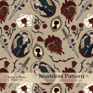 Op de afbeelding: Naadloos patroon met een romantisch gothic thema. Het bevat illustraties van koppels, harten met sloten, rozen, zwaarden, silhouetten en enveloppen met zegelwas. De tekst "Seamless Pattern" is zichtbaar.