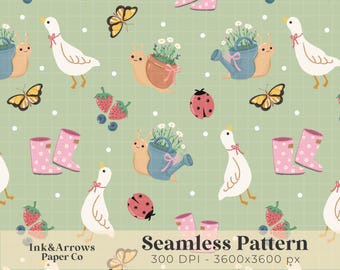 Spring Cottagecore Seamless File Goose Nursery Strawberry PNG Digital Print Paper Download Strawberry Pattern Custom Fabric Surface Design