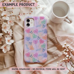 May include: A phone case with a pastel purple background, featuring heart-shaped lollipops in various colors. Each lollipop has a message. The case has a bow and banner design. The text "Example Product" is at the top.