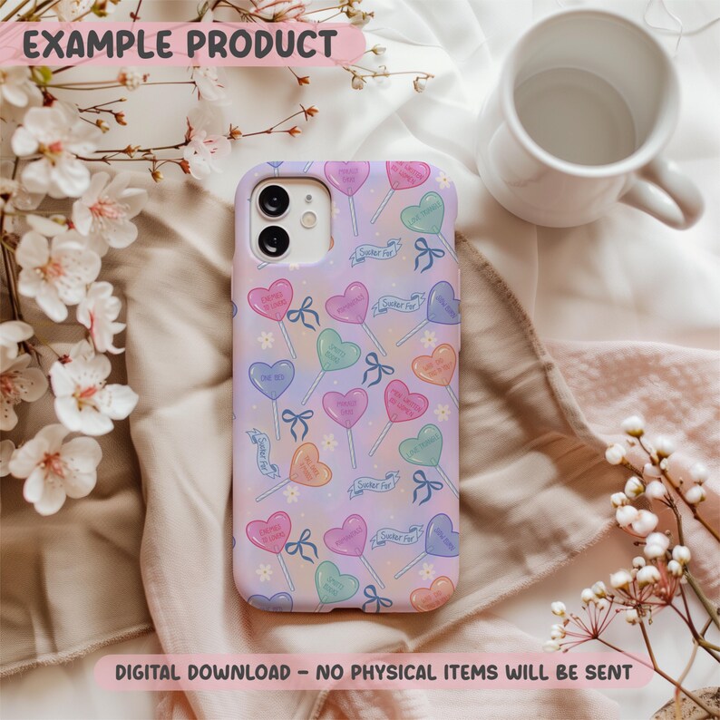 May include: A phone case with a pastel purple background, featuring heart-shaped lollipops in various colors. Each lollipop has a message. The case has a bow and banner design. The text "Example Product" is at the top.