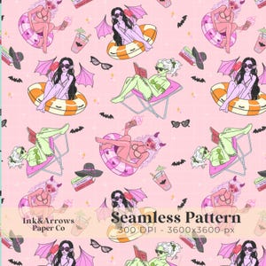 May include: A seamless pattern with cartoon characters, including devils with horns and wings, relaxing on inflatable rings and beach chairs. The design incorporates bats, ice cream, cocktails, and books on a pink grid. The text "Seamless Pattern" is displayed.