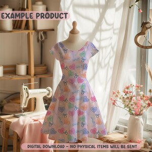 May include: A light purple dress with a V-neck and short sleeves, adorned with a pattern of colorful heart-shaped lollipops and bows. The text "EXAMPLE PRODUCT" is at the top. The text "DIGITAL DOWNLOAD - NO PHYSICAL ITEMS WILL BE SENT" is at the bottom.