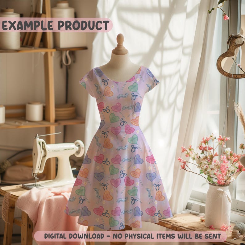 May include: A light purple dress with a V-neck and short sleeves, adorned with a pattern of colorful heart-shaped lollipops and bows. The text "EXAMPLE PRODUCT" is at the top. The text "DIGITAL DOWNLOAD - NO PHYSICAL ITEMS WILL BE SENT" is at the bottom.