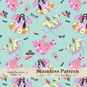 May include: Seamless pattern featuring cartoon characters with devil horns, bat wings, and sunglasses, lounging on beach chairs and inflatable rings. The characters are in various poses, holding ice cream and drinks, with bats and sunglasses scattered across a light blue background.