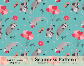 Opossum Sweetheart Strawberry Coquette Valentine Seamless Pattern PNG Digital File Paper Download Custom Fabric Surface Design