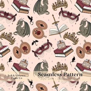 May include: Seamless pattern with fantasy elements on a light pink background. The design includes dragons, masquerade masks, crowns, books, lockets with roses, swords, and bats. The text "Smells Like Don't Touch Her" is on a jar and book.