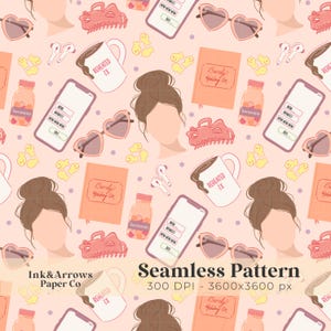May include: Seamless pattern with a light peach background featuring illustrations of a woman's face, heart-shaped sunglasses, a hair clip, a coffee mug, a book, a phone, and a bottle of Serotonin. The text "REHEATED 3X" is on the mug.