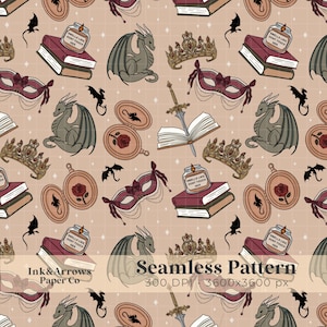 Dragon Romantasy Bookish Seamless Pattern Kindle Insert Seamless File Sublimation Smut Reader Bookmark PNG Digital Paper Download