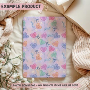 May include: A digital download product featuring a repeating pattern of pastel heart-shaped lollipops with text and bows on a lavender background. The text includes "Sister For" and other phrases. The words "EXAMPLE PRODUCT" and "DIGITAL DOWNLOAD - NO PHYSICAL ITEMS WILL BE SENT" are also visible.