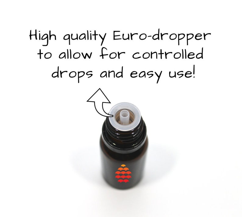 May include: Close-up of a dark brown glass bottle with a white euro-dropper. The bottle has a red and orange logo of a stylized pine cone.