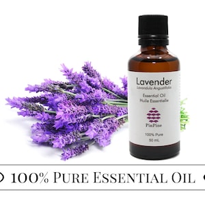 May include: A 50 ml bottle of lavender essential oil with a purple lavender flower bouquet in the background. The bottle label reads "Lavender Lavandula Angustifolia Essential Oil Huile Essentielle PinPine 100% Pure 50 ml".
