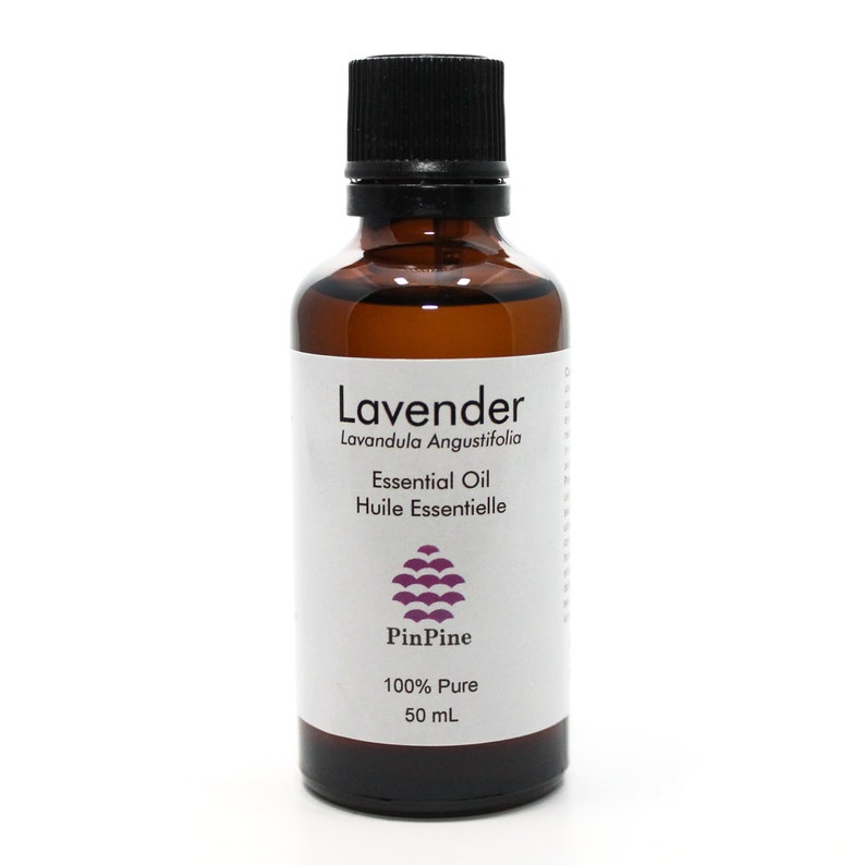 May include: A brown glass bottle with a black cap containing lavender essential oil. The label reads "Lavender Lavandula Angustifolia Essential Oil Huile Essentielle PinPine 100% Pure 50 mL".