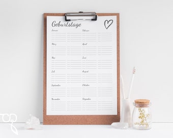 Birthday calendar with heart in the style "What you love" - print in size A4 on 160 gr. Paper / Din A4 birthday overview