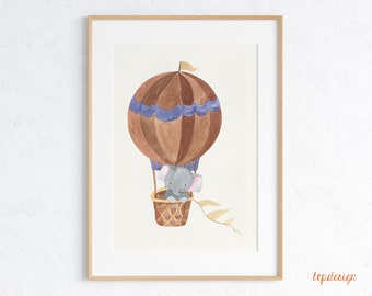 Elephant in a hot air balloon | Poster in size A4, printed on 160 g natural paper cream | Print for children's rooms & baby rooms