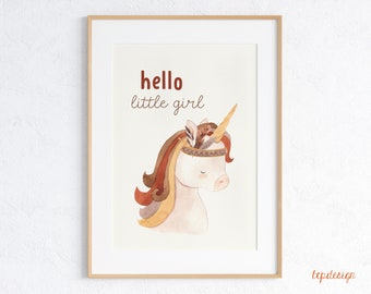 Poster "Hello little Girl" with unicorn in boho style in DIN A4, printed on 160 g natural paper cream | Print for children's rooms & baby rooms