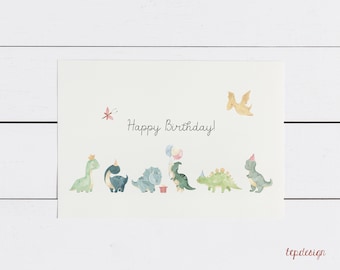 Happy Birthday - Party Dinosaurs | Postcard DinA6 for your birthday in landscape format, printed on 300g natural paper cream including envelope (white)